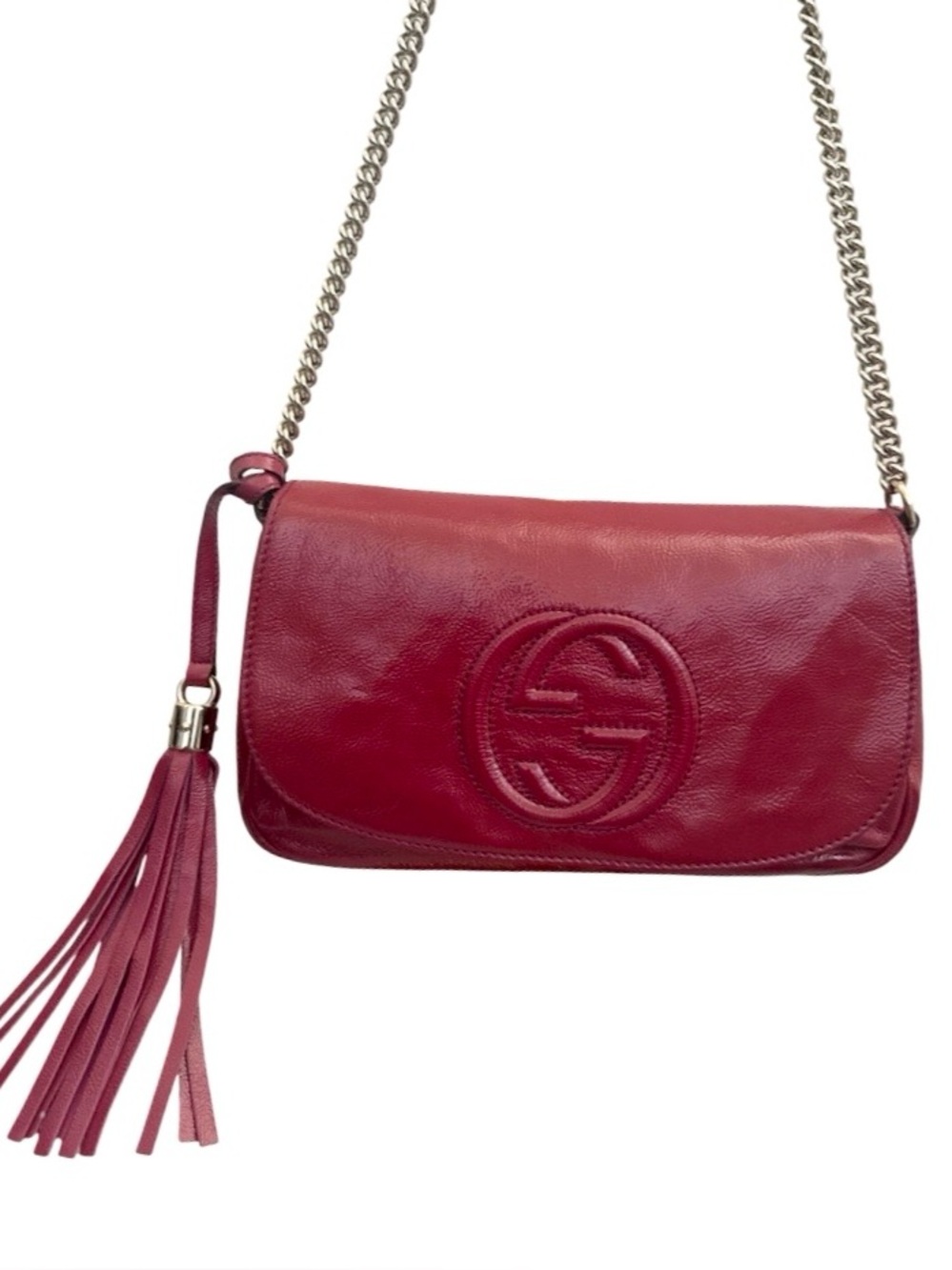 Gucci Soho Medium Fuchsia Patent Leather Chain Flap Crossbody Bag Tassel